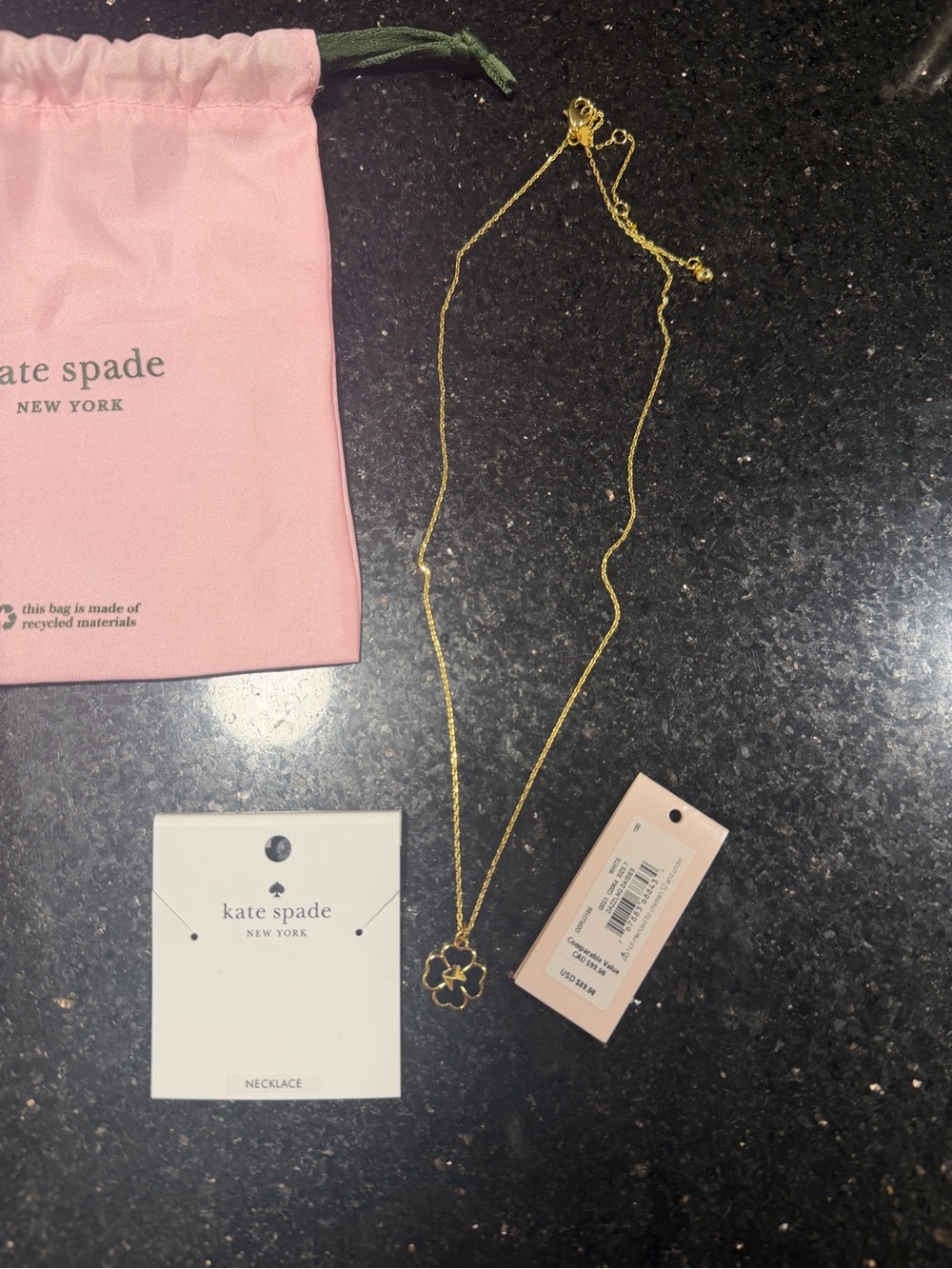 kate spade Gold Four Leaf Pendant Necklace with Pink Pouch